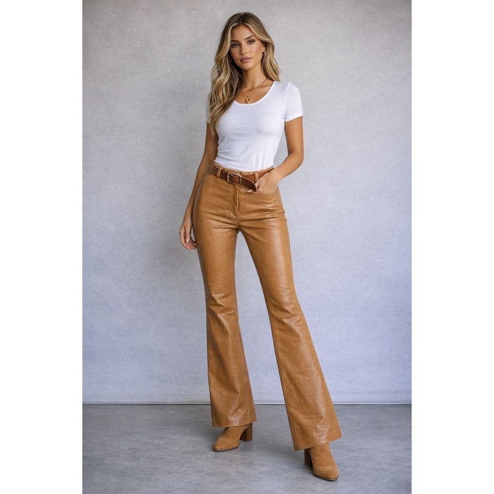 Bisou Bisou Leather Pants Women 8 Tan Michele Bohbot Flare Mid Rise Belted Y2K